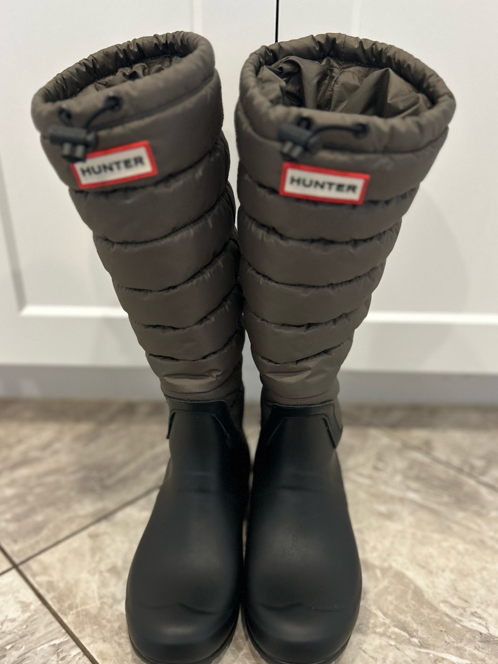 Hunter Olive Puffer Tall Rain Boots with Black Rubber Lower